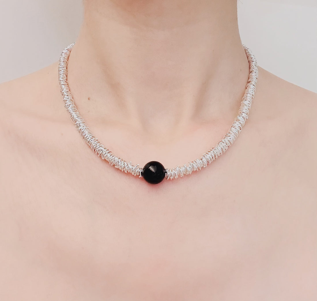 Black Bead Shards 925 Sterling Silver Necklace