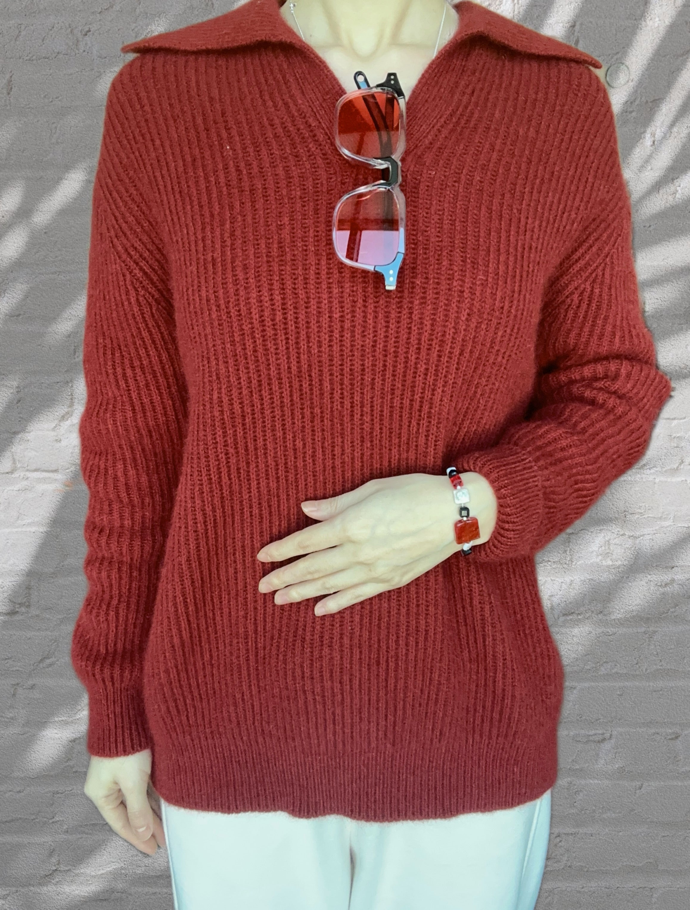 Wool Sweater with Collar- Dark Red