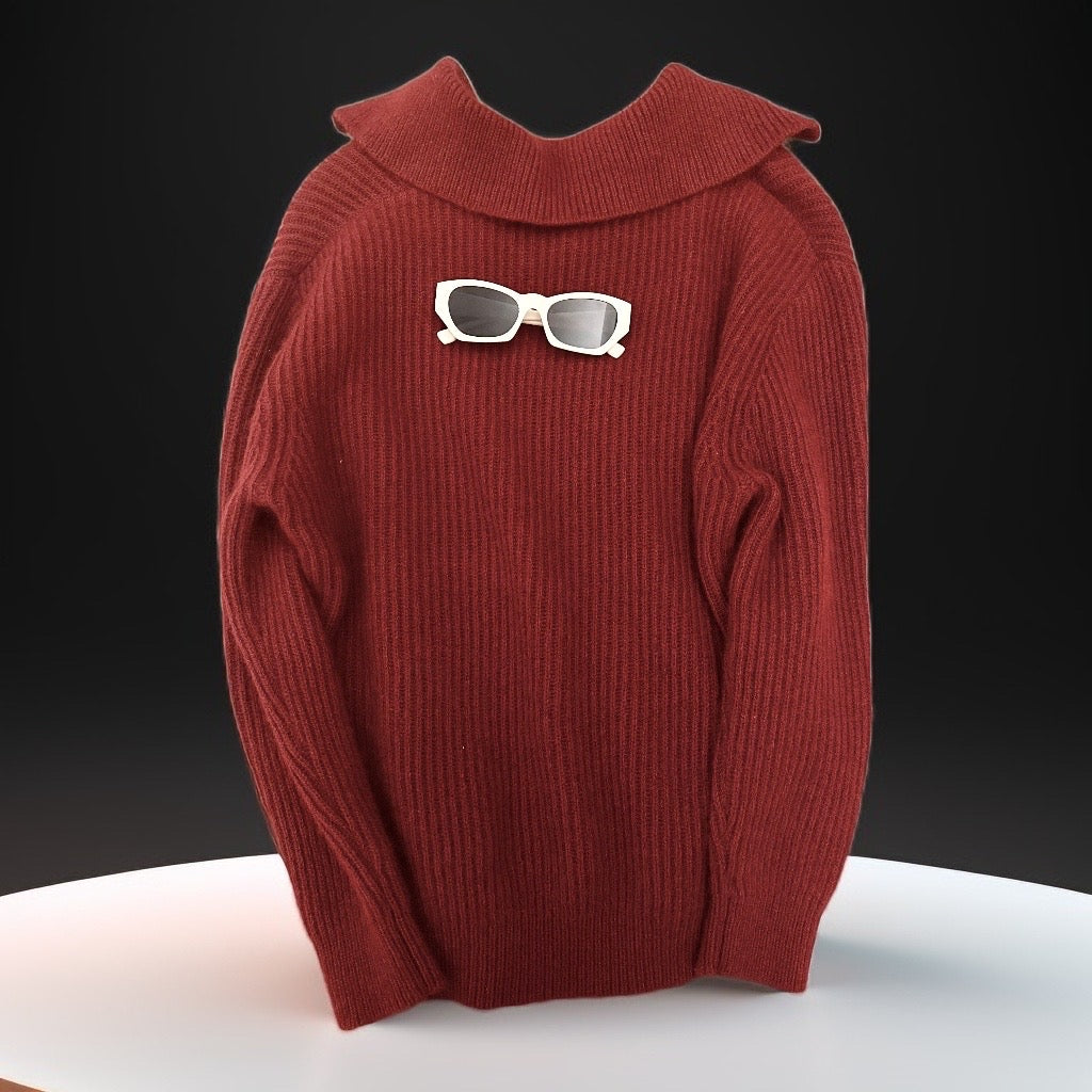 Wool Sweater with Collar- Dark Red