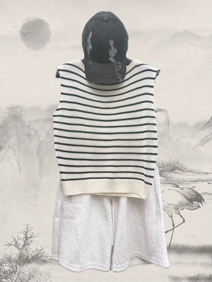 Knitted Vest- White With Black Stripes