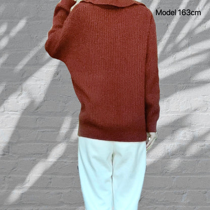 Wool Sweater with Collar- Dark Red