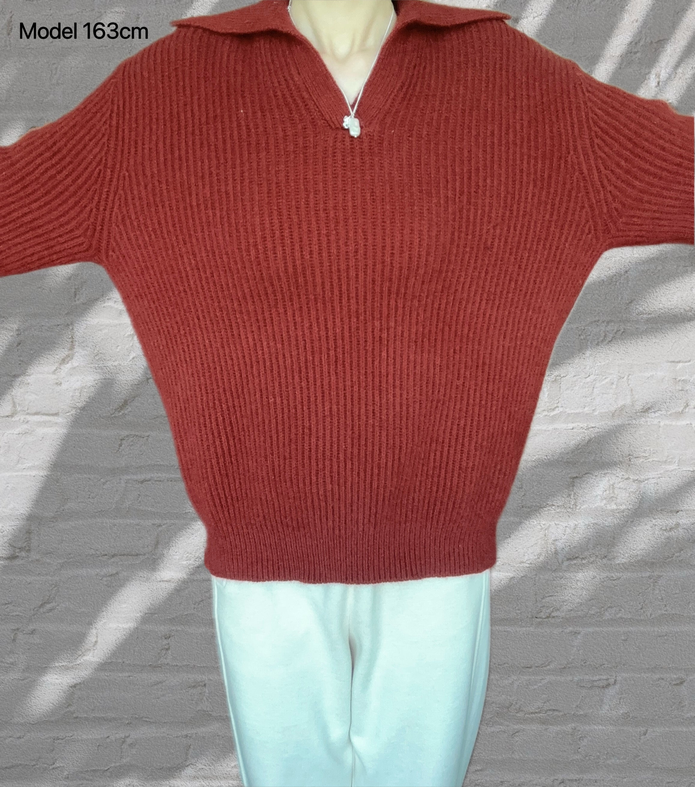 Wool Sweater with Collar- Dark Red