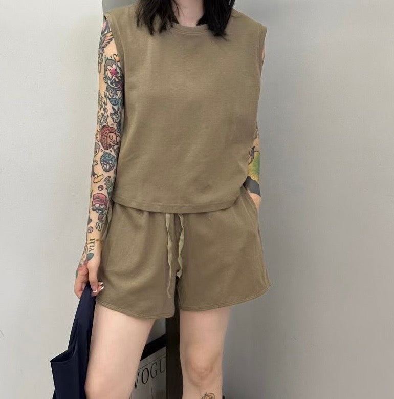 Vest And Shorts Set- Khaki