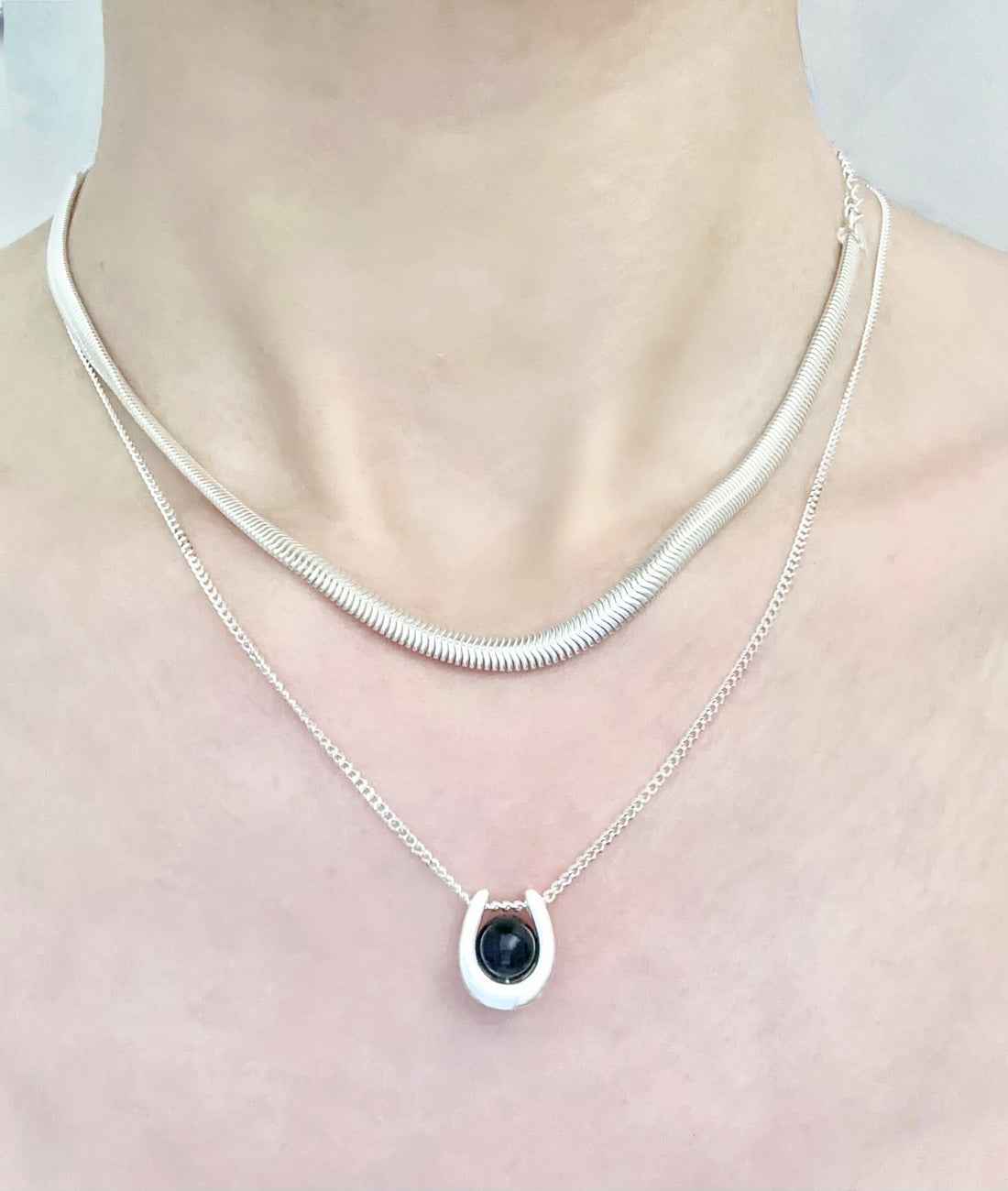 Black Stone Horseshoe 925 Sterling Silver Necklaces