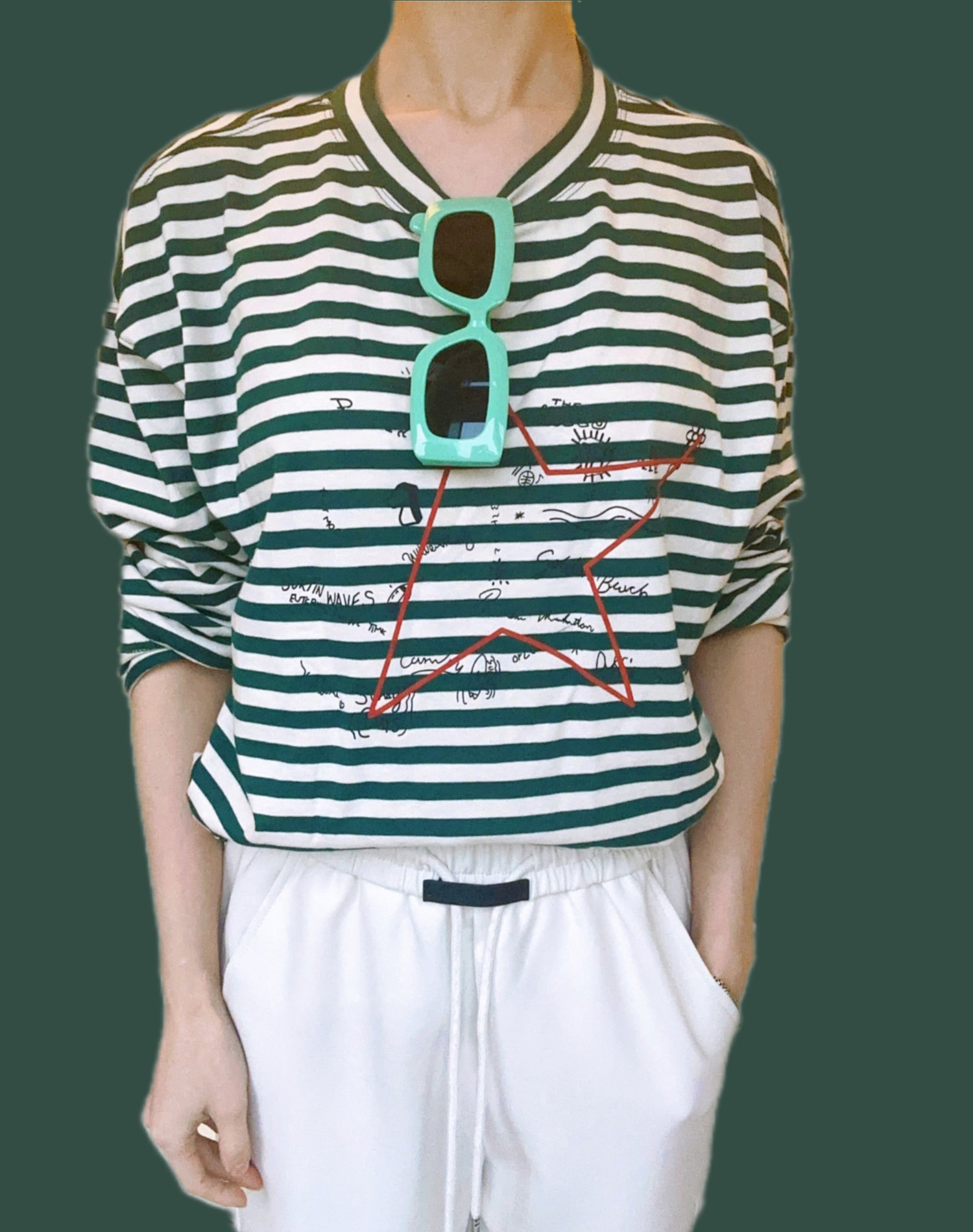 Long Sleeve T-shirt- Green and White Striped