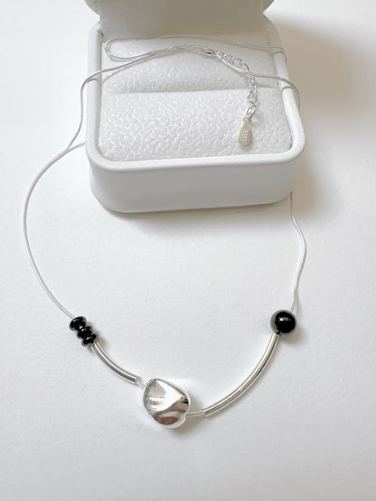 Stone and Black Beads 925 Sterling Silver Necklace