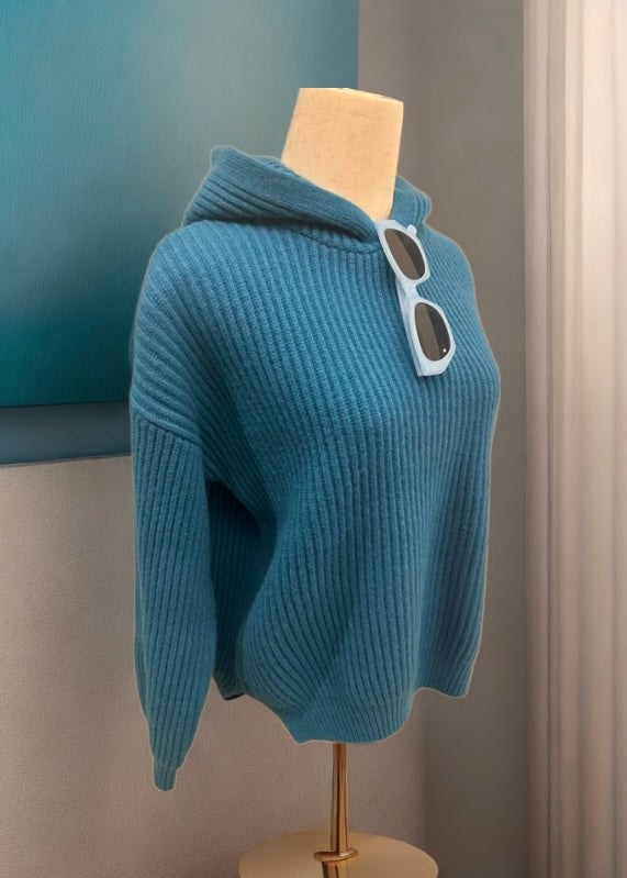 Pull en laine à capuche - Bleu